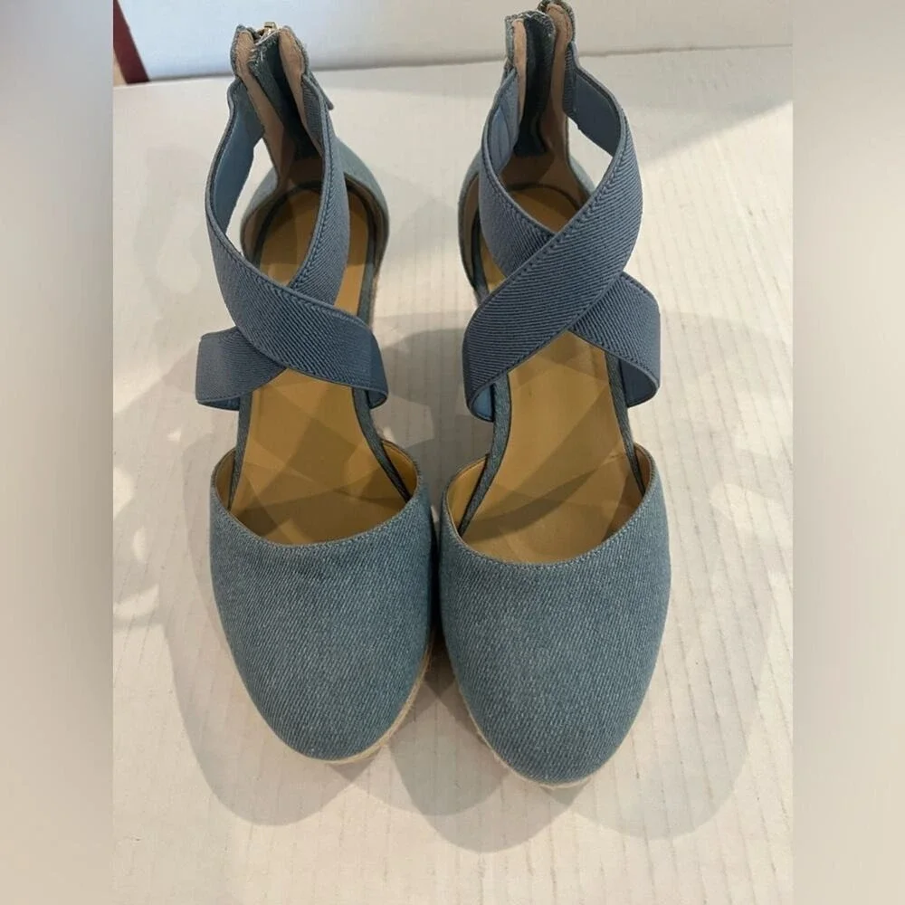 Talbots Lyndsay Espadrille Denim Wedge Criss Cross Straps Back Zip Shoes Sz 9 - Picture 3 of 11